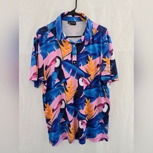 Bad Birdie Pink Blue Tucan Pattern Poly S Sleeve Golf Polo Shirt Mens Size Large